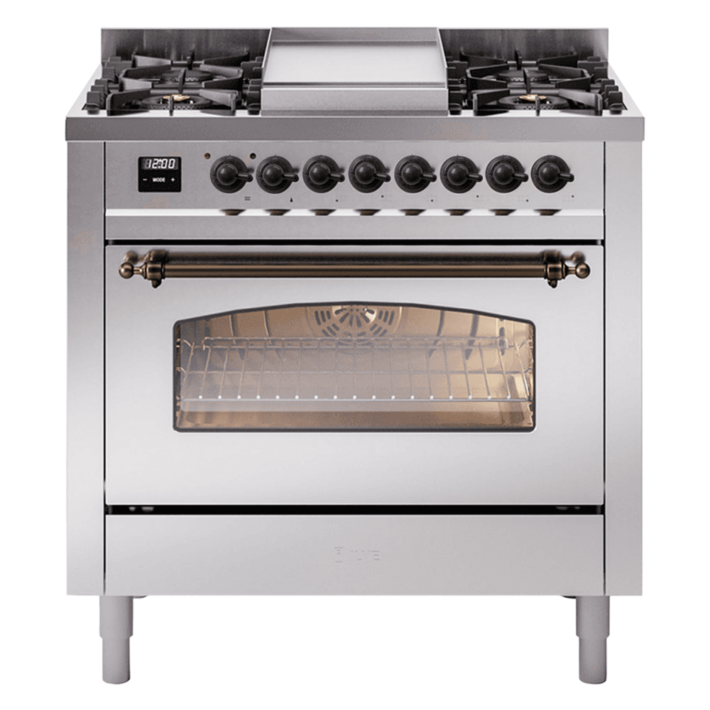 Nostalgie II 36 UP36FNMPSSB Freestanding Dual Fuel Range with 6 Sealed Burners with Griddle Single Oven with Triple Glass Door with Bronze knobs