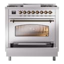 Nostalgie II 36 UP36FNMPSSB Freestanding Dual Fuel Range with 6 Sealed Burners with Griddle Single Oven with Triple Glass Door with Bronze knobs view 5