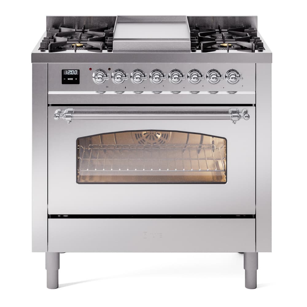 Nostalgie II Series 36 inch Freestanding Dual Fuel Range with Natural Gas, 6 Sealed Burners, 3.5 cu. ft. Total Oven Capacity, Griddle, Convection Oven, Continuous Grates, Storage Drawer, with Chrome Trim