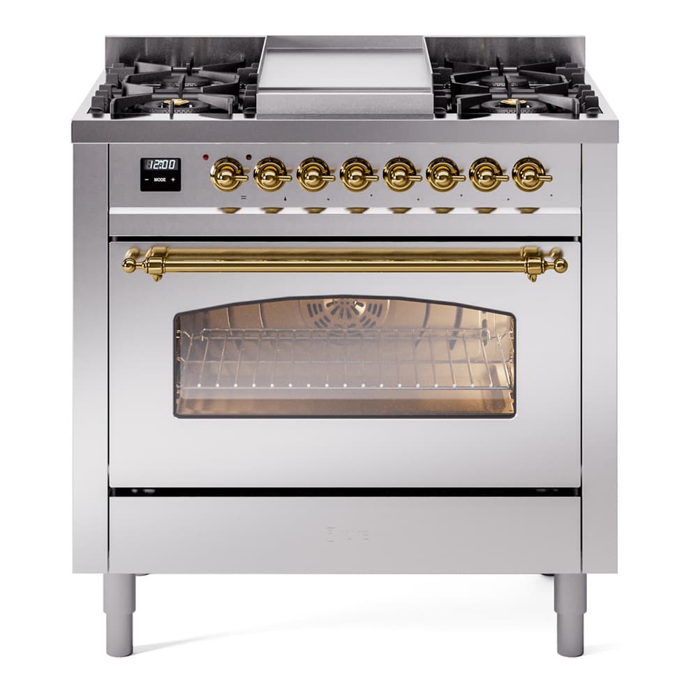 Professional Plus II Series 36 inch Freestanding Dual Fuel Range with Natural Gas, 6 Sealed Burners, 3.5 cu. ft. Total Oven Capacity, Griddle, Convection Oven, Continuous Grates, Storage Drawer, with Brass Trim