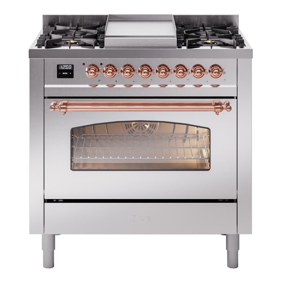 Nostalgie II 36 UP36FNMPSSP Freestanding Dual Fuel Range with 6 Sealed Burners with Griddle Single Oven with Triple Glass Door with Copper knobs
