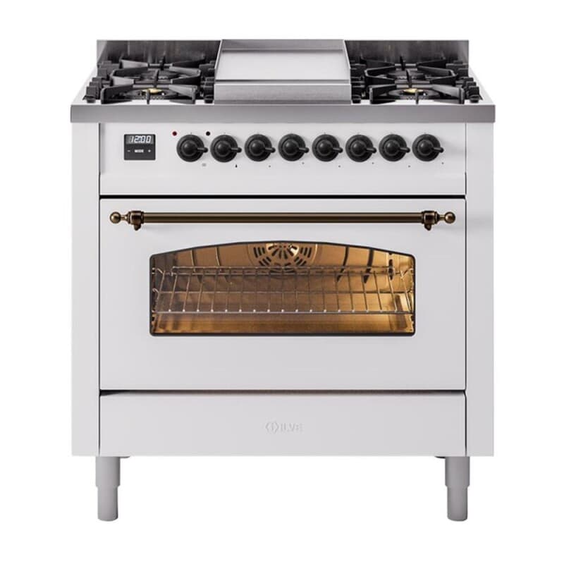 Nostalgie II 36 UP36FNMPWHB Freestanding Dual Fuel Range with 6 Sealed Burners with Griddle Single Oven with Triple Glass Door with Bronze knobs
