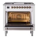 Nostalgie II 36 UP36FNMPWHB Freestanding Dual Fuel Range with 6 Sealed Burners with Griddle Single Oven with Triple Glass Door with Bronze knobs view 4