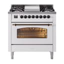 Nostalgie II 36 UP36FNMPWHB Freestanding Dual Fuel Range with 6 Sealed Burners with Griddle Single Oven with Triple Glass Door with Bronze knobs view 1