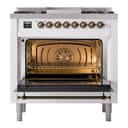 Nostalgie II 36 UP36FNMPWHB Freestanding Dual Fuel Range with 6 Sealed Burners with Griddle Single Oven with Triple Glass Door with Bronze knobs view 4