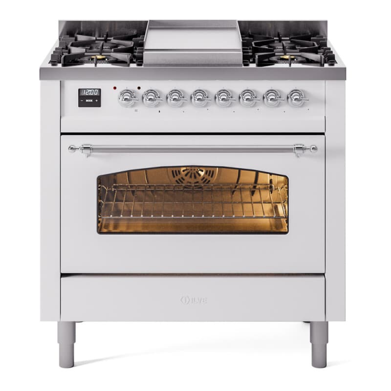 Nostalgie II 36 UP36FNMPWHC Freestanding Dual Fuel Range with 6 Sealed Burners with Griddle Single Oven with Triple Glass Door with Chrome knobs