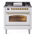 Nostalgie II 36 UP36FNMPWHG Freestanding Dual Fuel Range with 6 Sealed Burners with Griddle Single Oven with Triple Glass Door with Brass knobs view 1