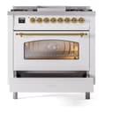 Nostalgie II 36 UP36FNMPWHG Freestanding Dual Fuel Range with 6 Sealed Burners with Griddle Single Oven with Triple Glass Door with Brass knobs view 5