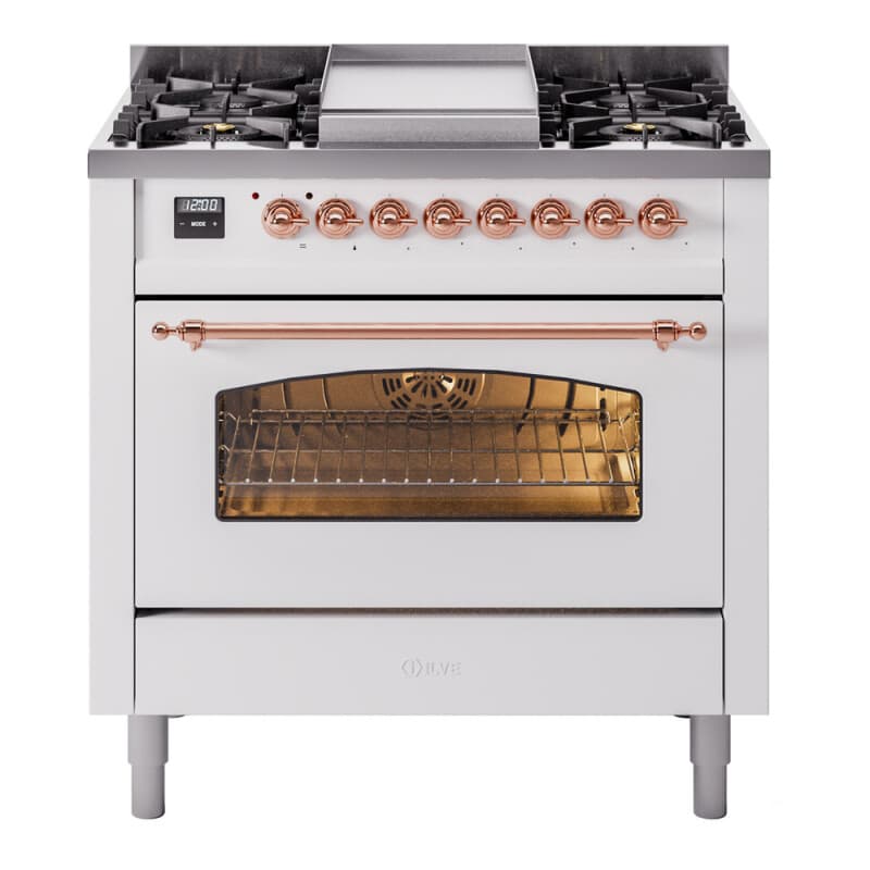 Nostalgie II 36 UP36FNMPWHP Freestanding Dual Fuel Range with 6 Sealed Burners with Griddle Single Oven with Triple Glass Door with Copper knobs