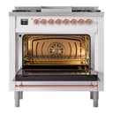 Nostalgie II 36 UP36FNMPWHP Freestanding Dual Fuel Range with 6 Sealed Burners with Griddle Single Oven with Triple Glass Door with Copper knobs view 4