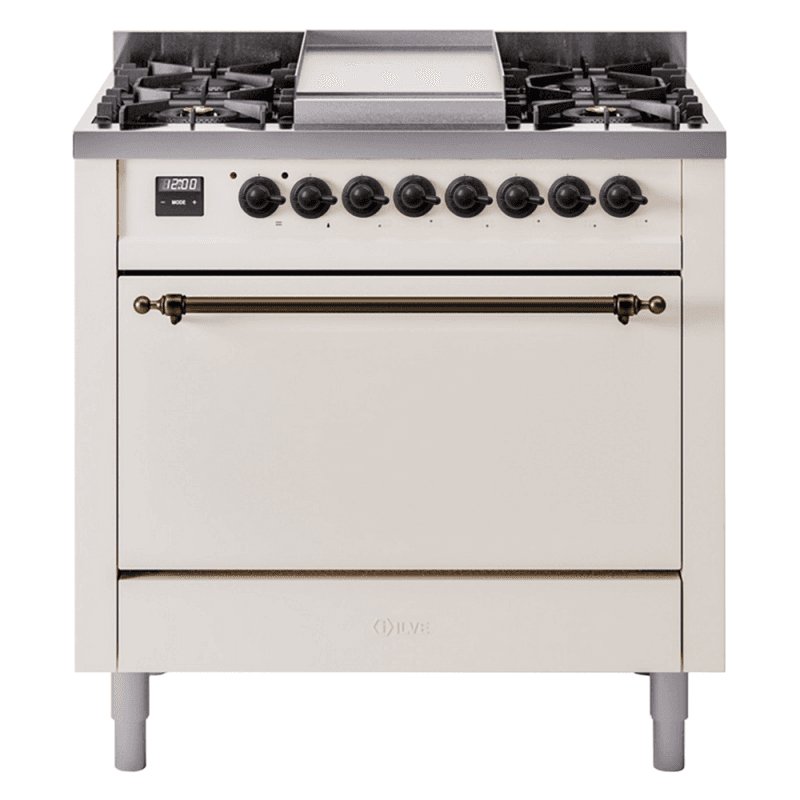 Nostalgie II 36 UP36FQNMPAWB Freestanding Dual Fuel Range with 6 Sealed Burners with Griddle Single Oven with Solid Door with Bronze knobs