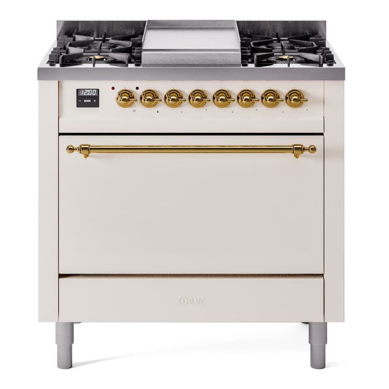 Nostalgie II 36 UP36FQNMPAWG Freestanding Dual Fuel Range with 6 Sealed Burners with Griddle Single Oven with Solid Door with Brass knobs