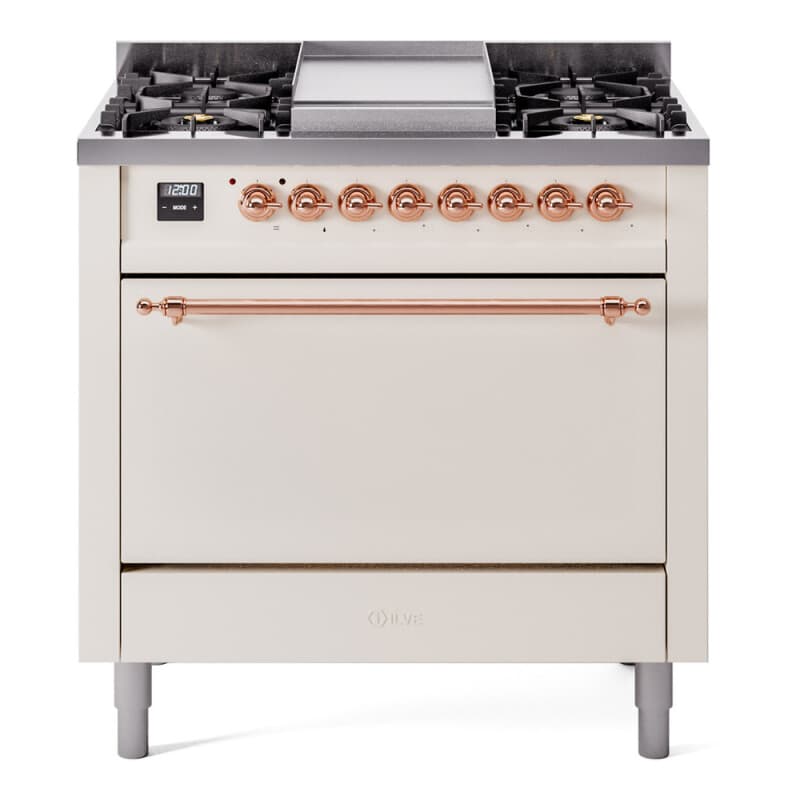 Nostalgie II 36 UP36FQNMPAWP Freestanding Dual Fuel Range with 6 Sealed Burners with Griddle Single Oven with Solid Door with Copper knobs