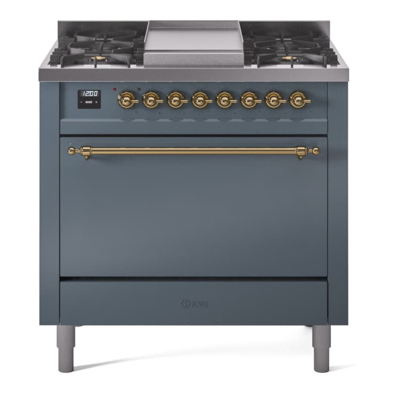 Nostalgie II 36 UP36FQNMPBGG Freestanding Dual Fuel Range with 6 Sealed Burners with Griddle Single Oven with Solid Door with Brass knobs