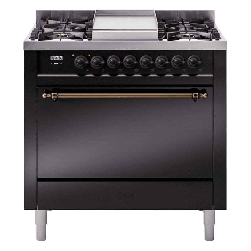 Nostalgie II 36 UP36FQNMPBKB Freestanding Dual Fuel Range with 6 Sealed Burners with Griddle Single Oven with Solid Door with Bronze knobs