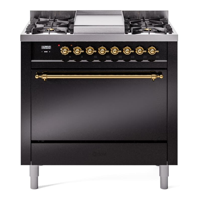 Nostalgie II 36 UP36FQNMPBKG Freestanding Dual Fuel Range with 6 Sealed Burners with Griddle Single Oven with Solid Door with Brass knobs
