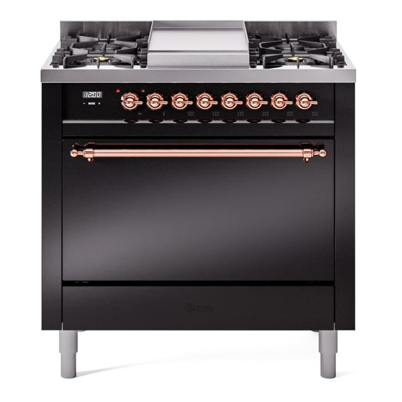 Nostalgie II 36 UP36FQNMPBKP Freestanding Dual Fuel Range with 6 Sealed Burners with Griddle Single Oven with Solid Door with Copper knobs