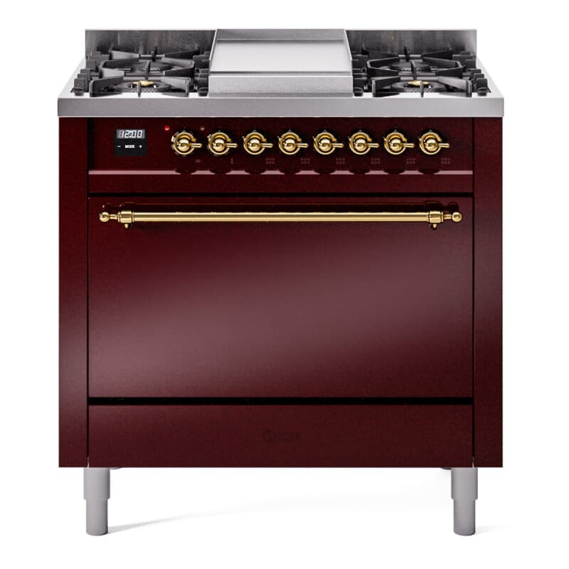 Nostalgie II 36 UP36FQNMPBUG Freestanding Dual Fuel Range with 6 Sealed Burners with Griddle Single Oven with Solid Door with Brass knobs