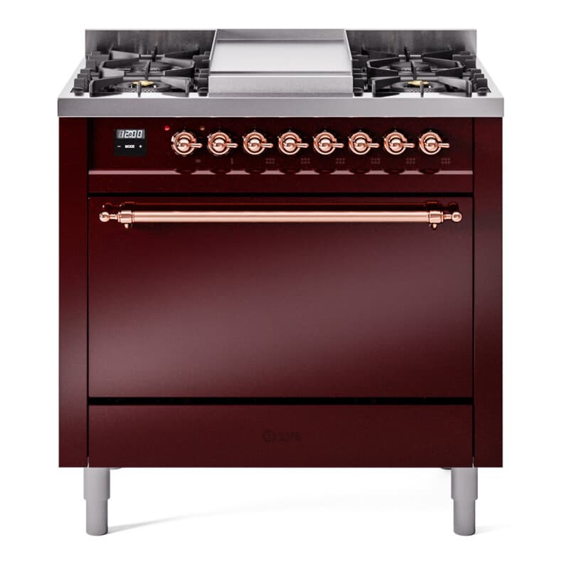 Nostalgie II 36 UP36FQNMPBUP Freestanding Dual Fuel Range with 6 Sealed Burners with Griddle Single Oven with Solid Door with Copper knobs