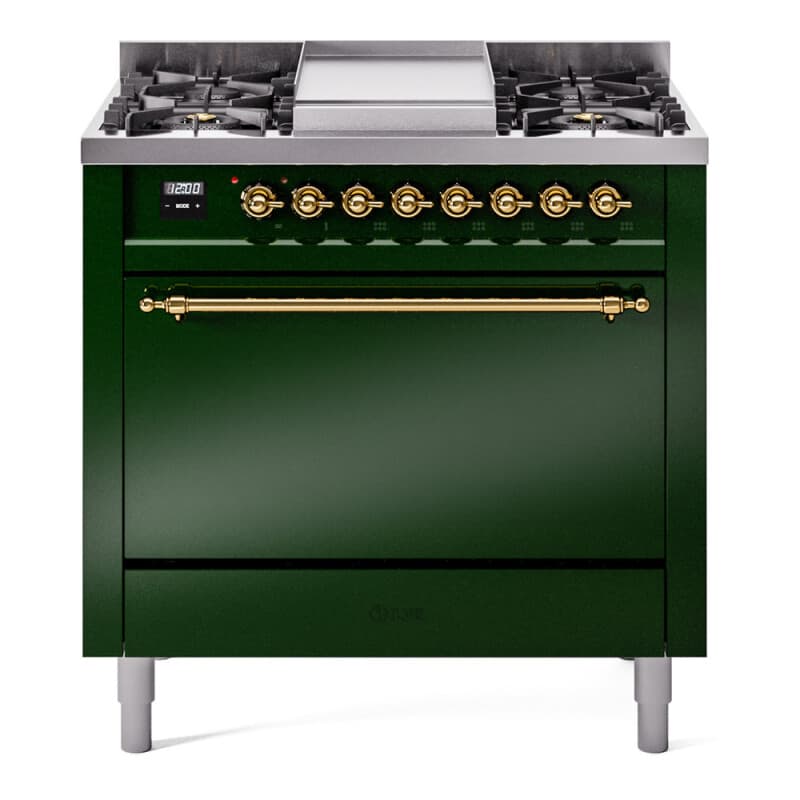 Nostalgie II 36 UP36FQNMPEGG Freestanding Dual Fuel Range with 6 Sealed Burners with Griddle Single Oven with Solid Door with Brass knobs