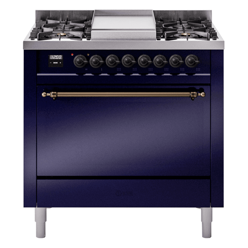Nostalgie II 36 UP36FQNMPMBB Freestanding Dual Fuel Range with 6 Sealed Burners with Griddle Single Oven with Solid Door with Bronze knobs