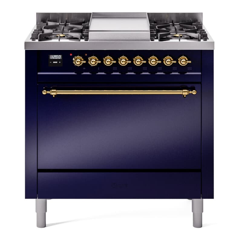 Nostalgie II 36 UP36FQNMPMBG Freestanding Dual Fuel Range with 6 Sealed Burners with Griddle Single Oven with Solid Door with Brass knobs