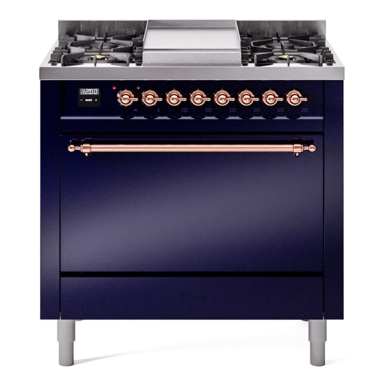 Nostalgie II 36 UP36FQNMPMBP Freestanding Dual Fuel Range with 6 Sealed Burners with Griddle Single Oven with Solid Door with Copper knobs