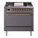 Nostalgie II 36 UP36FQNMPMGG Freestanding Dual Fuel Range with 6 Sealed Burners with Griddle Single Oven with Solid Door with Brass knobs view 1