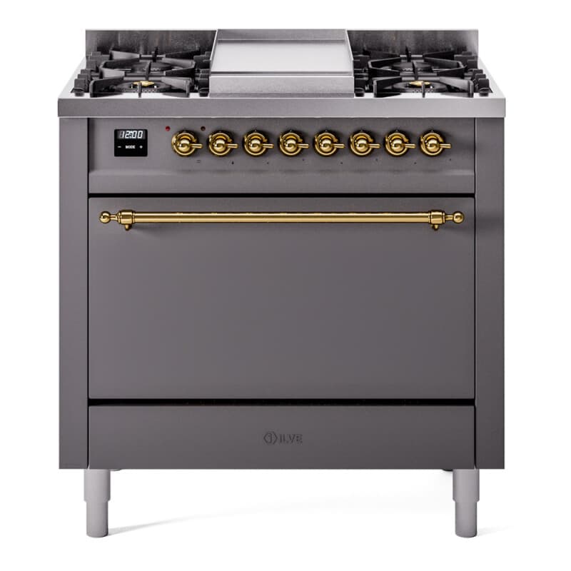 Nostalgie II 36 UP36FQNMPMGG Freestanding Dual Fuel Range with 6 Sealed Burners with Griddle Single Oven with Solid Door with Brass knobs