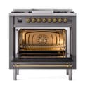 Nostalgie II 36 UP36FQNMPMGG Freestanding Dual Fuel Range with 6 Sealed Burners with Griddle Single Oven with Solid Door with Brass knobs view 2