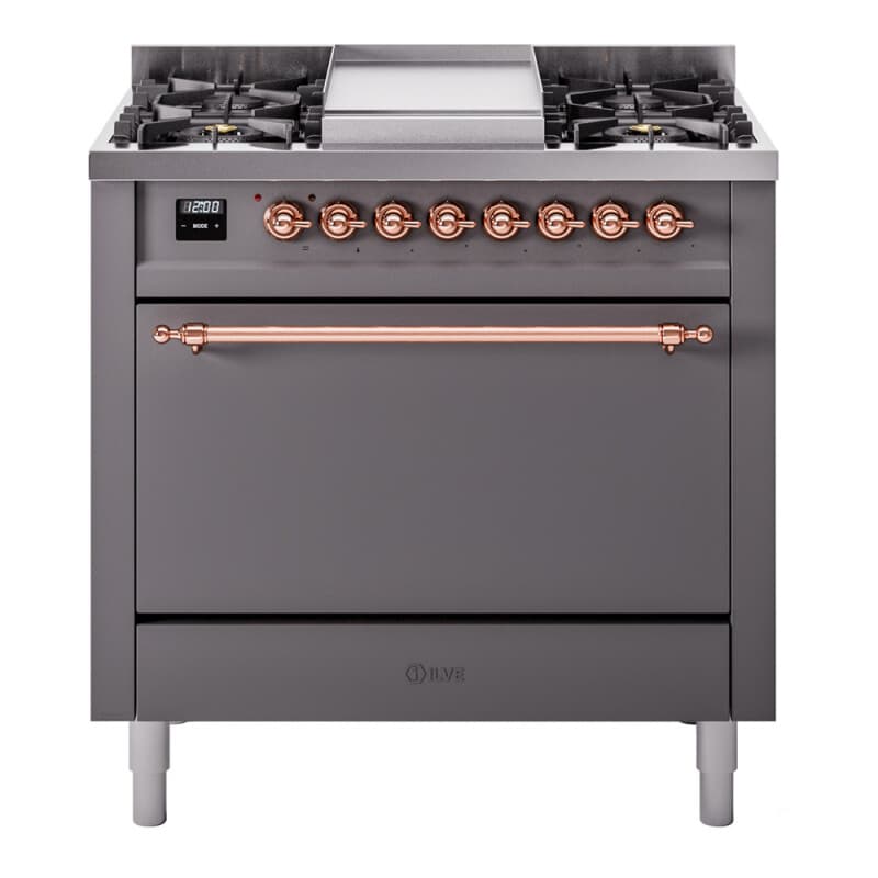 Nostalgie II 36 UP36FQNMPMGP Freestanding Dual Fuel Range with 6 Sealed Burners with Griddle Single Oven with Solid Door with Copper knobs
