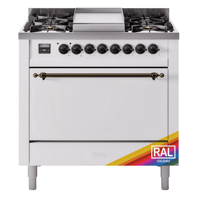 Nostalgie II 36 UP36FQNMPRAB Freestanding Dual Fuel Range with 6 Sealed Burners with Griddle Single Oven with Solid Door with Bronze knobs