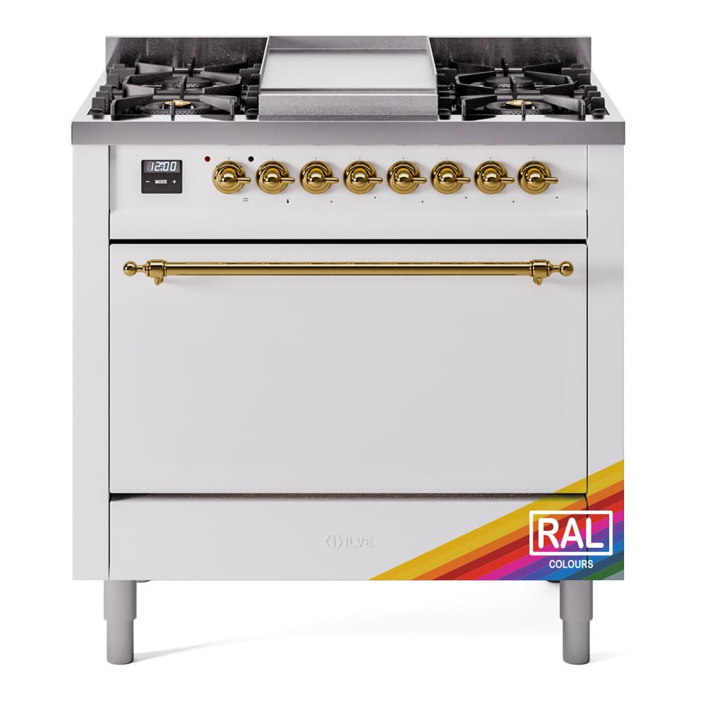 Nostalgie II 36 UP36FQNMPRAG Freestanding Dual Fuel Range with 6 Sealed Burners with Griddle Single Oven with Solid Door with Brass knobs
