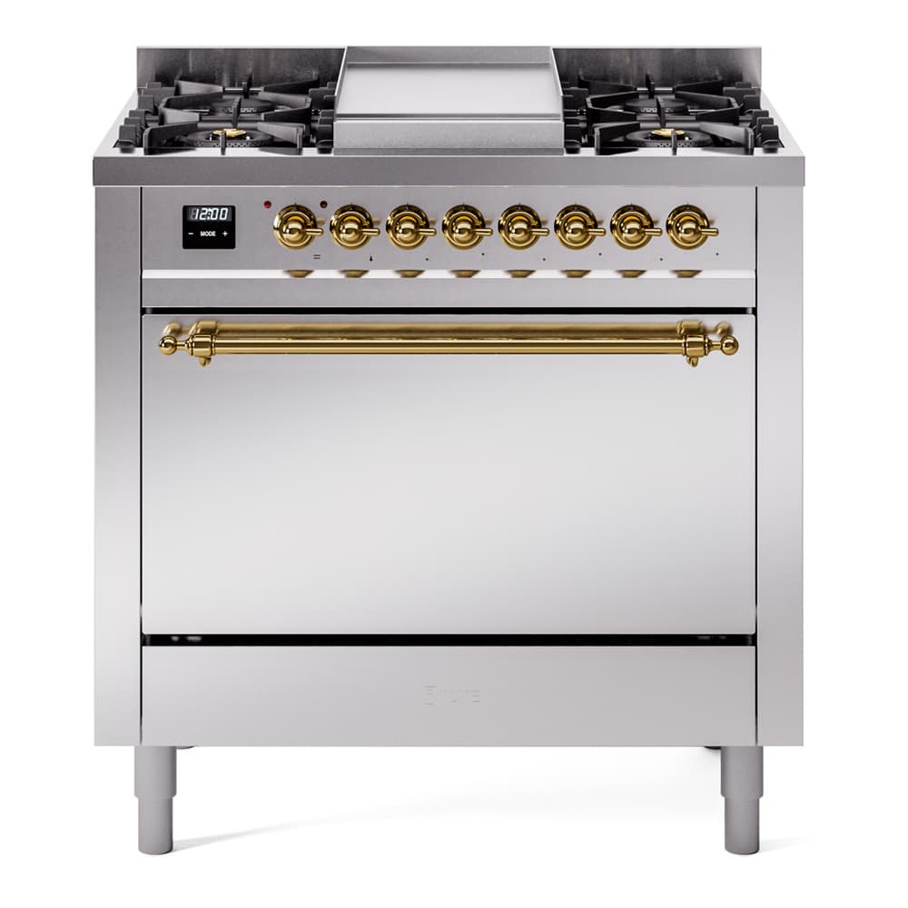 Nostalgie II 36 UP36FQNMPSSG Freestanding Dual Fuel Range with 6 Sealed Burners with Griddle Single Oven with Solid Door with Brass knobs