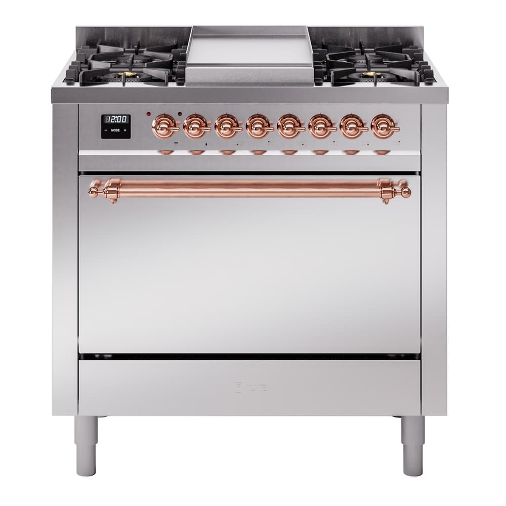 Nostalgie II 36 UP36FQNMPSSP Freestanding Dual Fuel Range with 6 Sealed Burners with Griddle Single Oven with Solid Door with Copper knobs