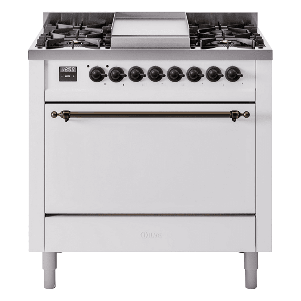 Nostalgie II 36 UP36FQNMPWHB Freestanding Dual Fuel Range with 6 Sealed Burners with Griddle Single Oven with Solid Door with Bronze knobs