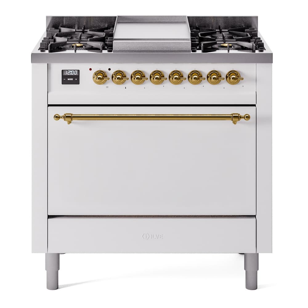 Nostalgie II 36 UP36FQNMPWHG Freestanding Dual Fuel Range with 6 Sealed Burners with Griddle Single Oven with Solid Door with Brass knobs