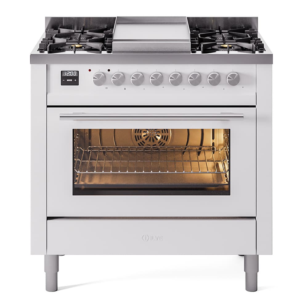 Professional Plus II 36 UP36FWMPWH Freestanding Dual Fuel Range with 6 Sealed Burners with Griddle Single Oven with Triple Glass Door with Stainless Steel knobs