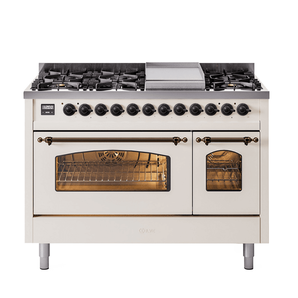 Nostalgie II 48 UP48FNMPAWB Freestanding Dual Fuel Range with 8 Sealed Burners with Griddle Double Oven with Triple Glass Door with Bronze knobs