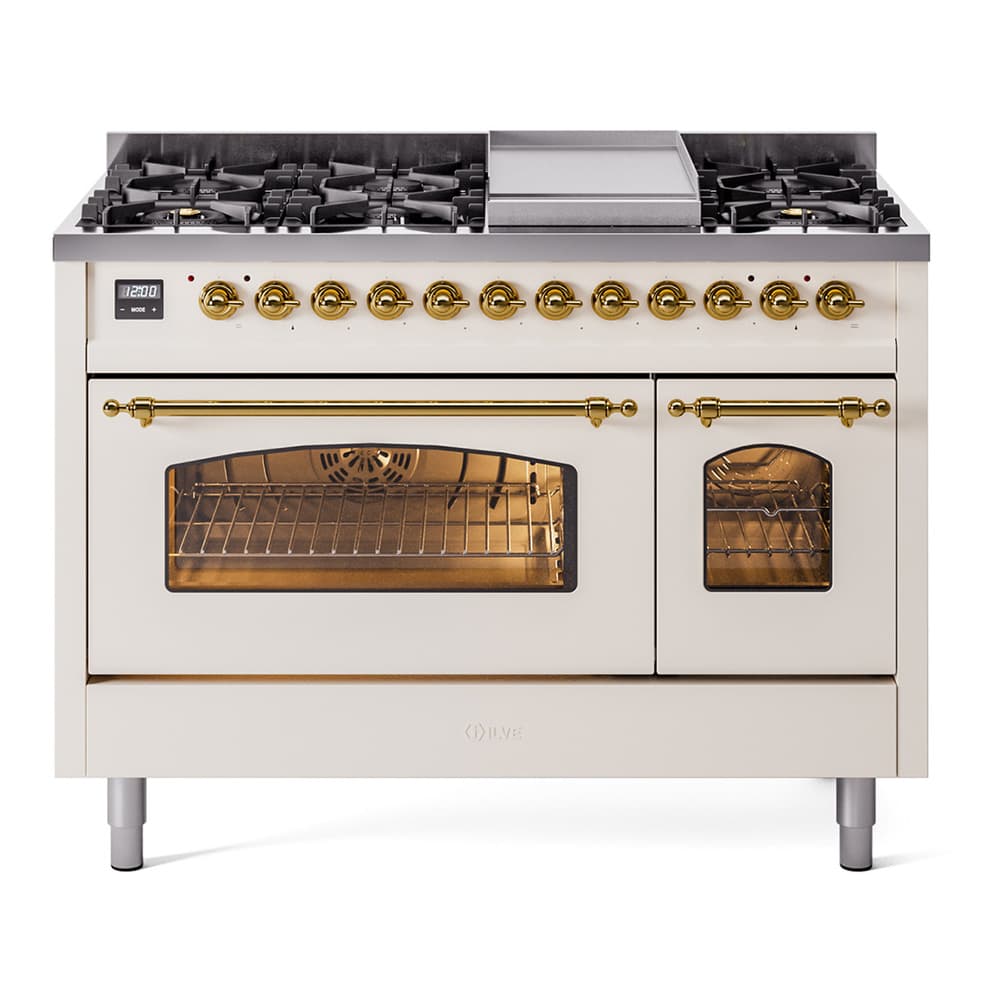 Nostalgie II 48 UP48FNMPAWG Freestanding Dual Fuel Range with 8 Sealed Burners with Griddle Double Oven with Triple Glass Door with Brass knobs