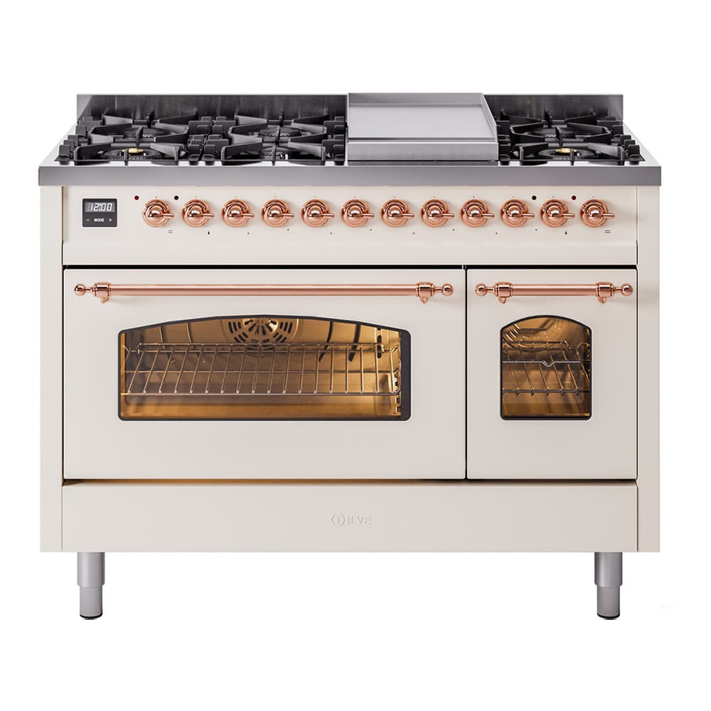 Nostalgie II 48 UP48FNMPAWP Freestanding Dual Fuel Range with 8 Sealed Burners with Griddle Double Oven with Triple Glass Door with Copper knobs