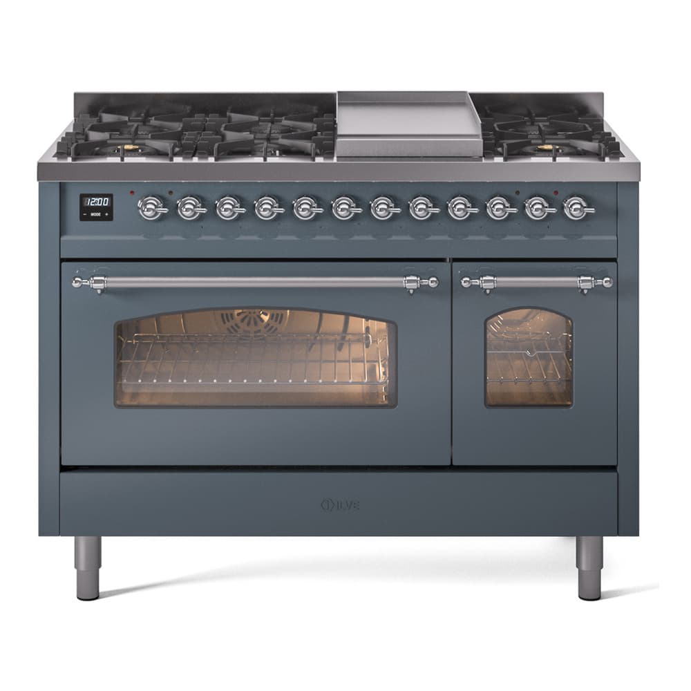 Nostalgie II 48 UP48FNMPBGC Freestanding Dual Fuel Range with 8 Sealed Burners with Griddle Double Oven with Triple Glass Door with Chrome knobs