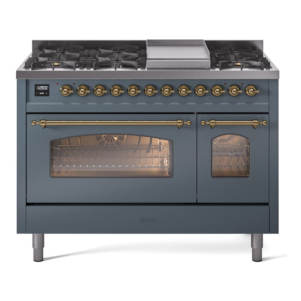 Nostalgie II 48 UP48FNMPBGG Freestanding Dual Fuel Range with 8 Sealed Burners with Griddle Double Oven with Triple Glass Door with Brass knobs