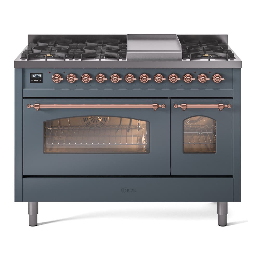 Nostalgie II 48 UP48FNMPBGP Freestanding Dual Fuel Range with 8 Sealed Burners with Griddle Double Oven with Triple Glass Door with Copper knobs
