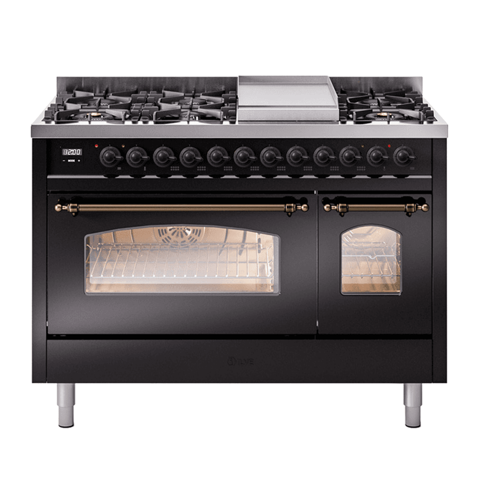 Nostalgie II 48 UP48FNMPBKB Freestanding Dual Fuel Range with 8 Sealed Burners with Griddle Double Oven with Triple Glass Door with Bronze knobs