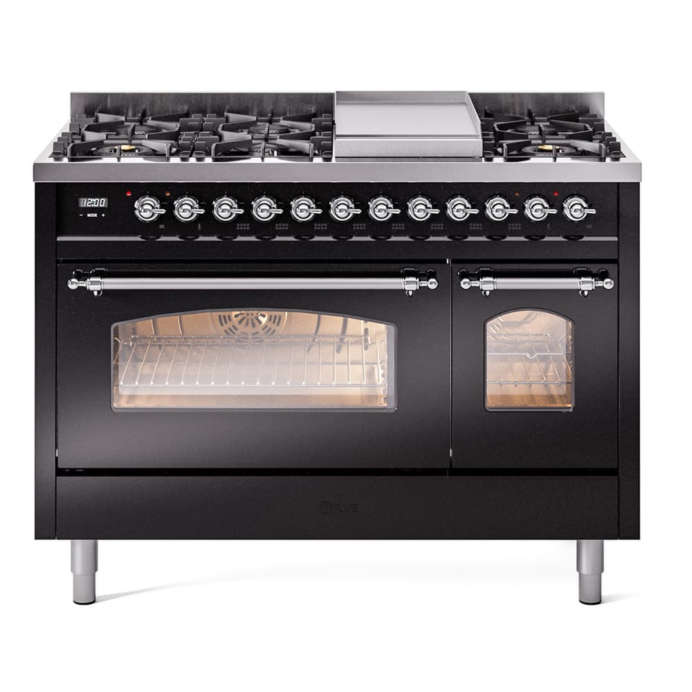 Nostalgie II 48 UP48FNMPBKC Freestanding Dual Fuel Range with 8 Sealed Burners with Griddle Double Oven with Triple Glass Door with Chrome knobs