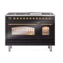 Nostalgie II 48 UP48FNMPBKG Freestanding Dual Fuel Range with 8 Sealed Burners with Griddle Double Oven with Triple Glass Door with Brass knobs view 2