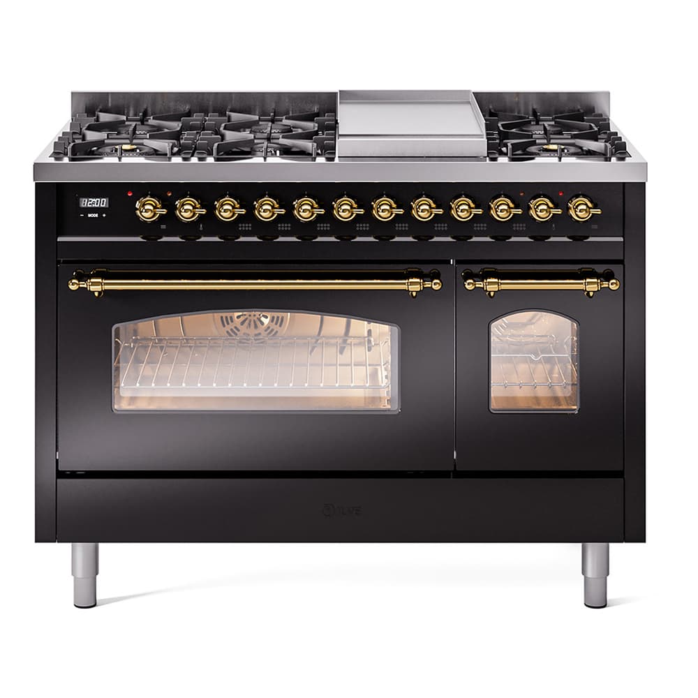 Nostalgie II 48 UP48FNMPBKG Freestanding Dual Fuel Range with 8 Sealed Burners with Griddle Double Oven with Triple Glass Door with Brass knobs