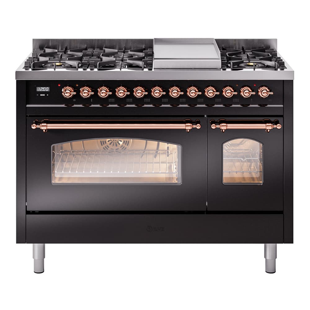 Nostalgie II 48 UP48FNMPBKP Freestanding Dual Fuel Range with 8 Sealed Burners with Griddle Double Oven with Triple Glass Door with Copper knobs