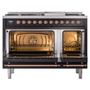Nostalgie II 48 UP48FNMPBKP Freestanding Dual Fuel Range with 8 Sealed Burners with Griddle Double Oven with Triple Glass Door with Copper knobs view 3